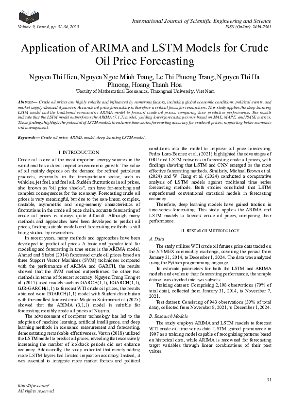 (PDF) Application of ARIMA and LSTM Models for Crude Oil Price Forecasting