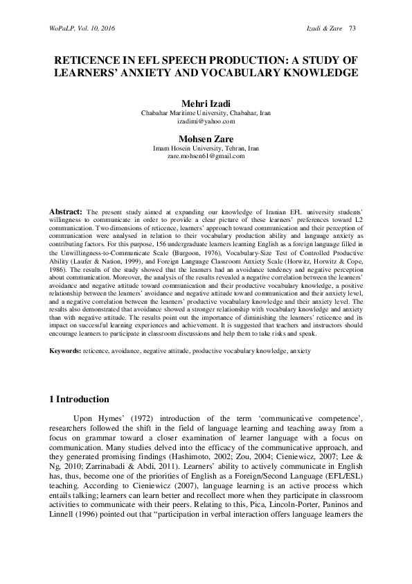 (PDF) Reticence in Efl Speech Production: A Study of Learners' Anxiety ...
