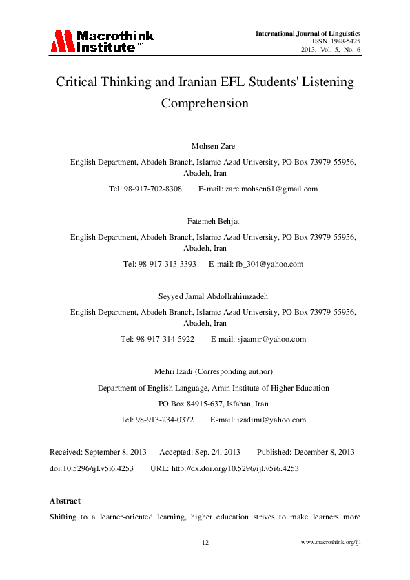 Pdf Critical Thinking And Iranian Efl Students Listening Comprehension