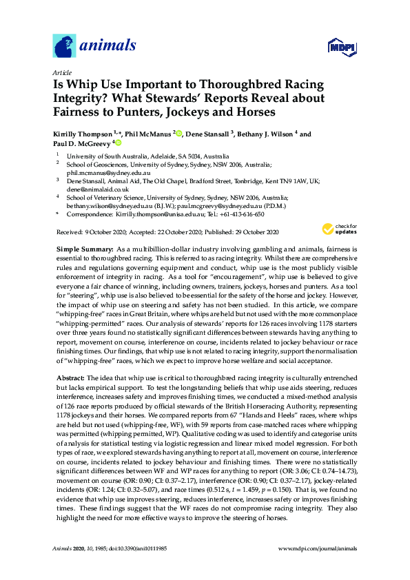 (PDF) Is Whip Use Important to Thoroughbred Racing Integrity? What ...