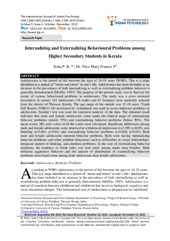 (PDF) Internalizing and Externalizing Behavioural Problems among Higher ...