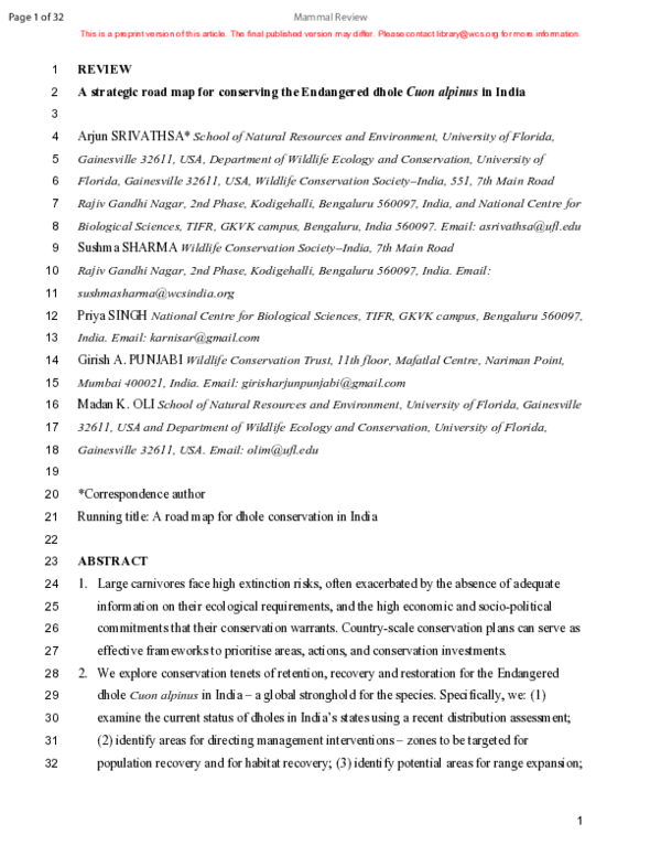 (PDF) A strategic road map for conserving the Endangered dhole Cuon ...