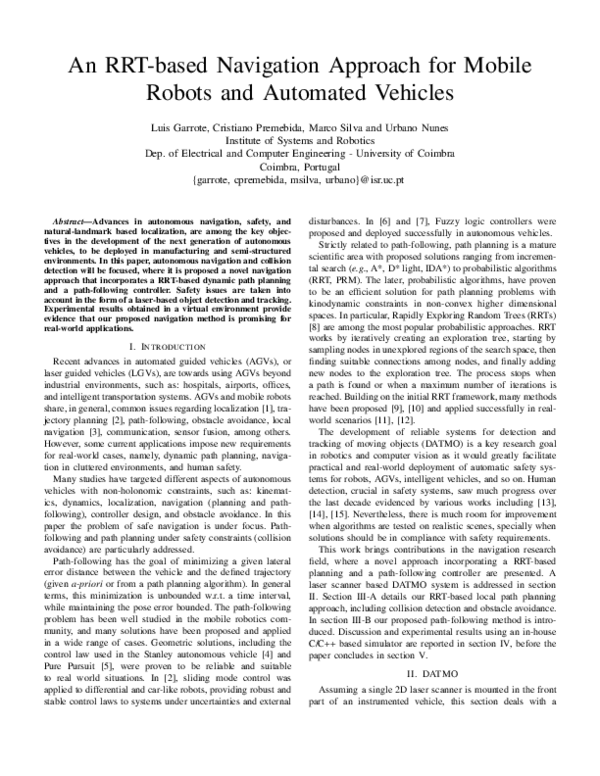 (PDF) An RRT-based navigation approach for mobile robots and automated ...