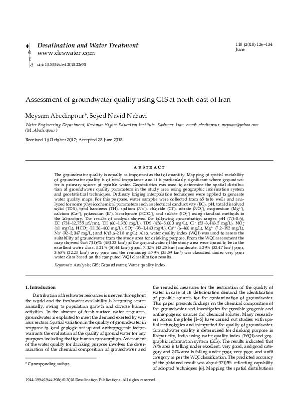 (PDF) Assessment of groundwater quality using GIS at north-east of Iran