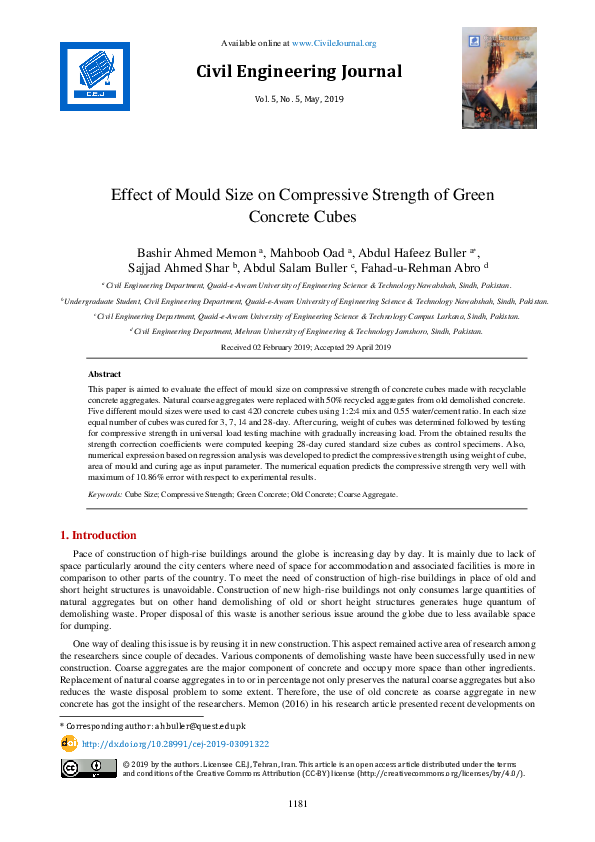 (PDF) Effect of Mould Size on Compressive Strength of Green Concrete Cubes