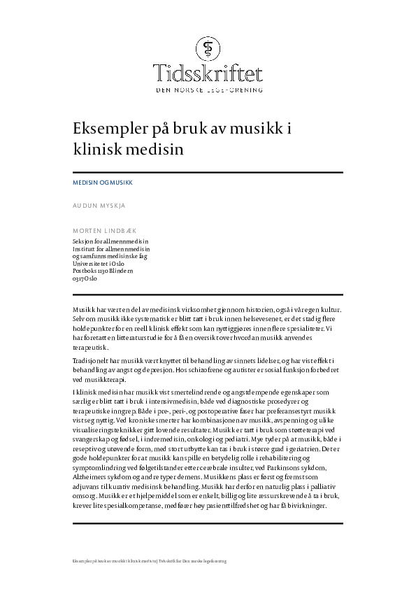 (PDF) Eksempler på bruk av musikk i klinisk medisin