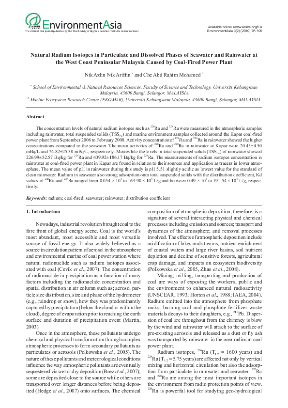 (PDF) Natural Radium Isotopes in Particulate and Dissolved Phases of ...