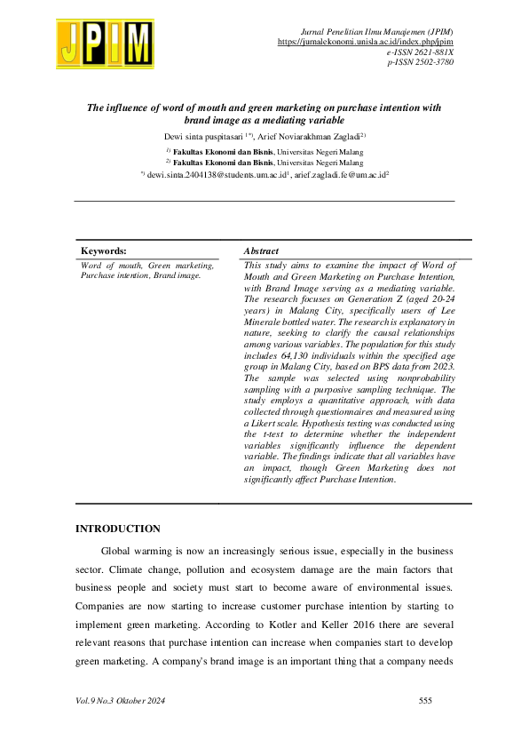 (PDF) The influence of word of mouth and green marketing on purchase ...