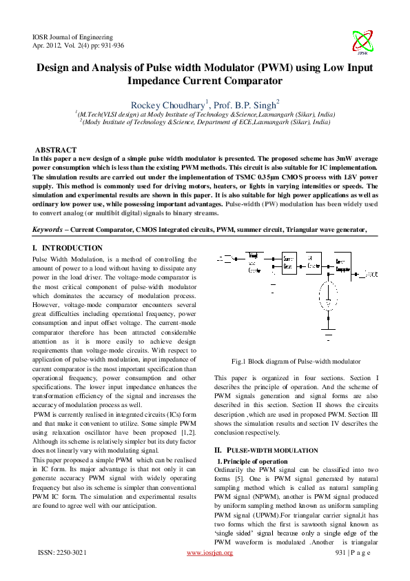 (PDF) Design and Analysis of Pulse width Modulator (PWM) using Low ...