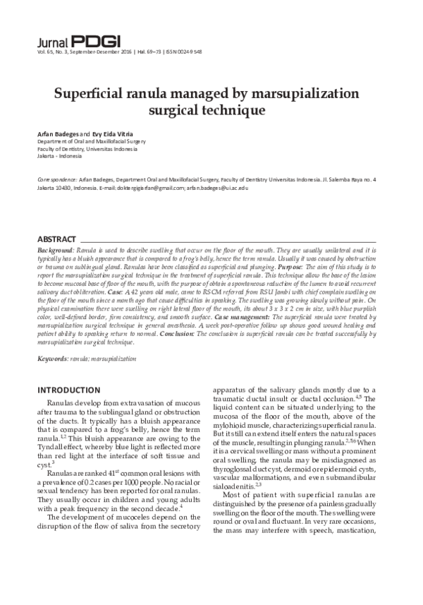 (PDF) Superficial ranula managed by marsupialization surgical technique