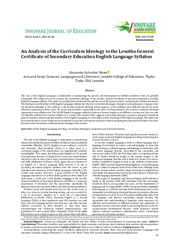 (PDF) An Analysis of the Curriculum Ideology in the Lesotho General ...