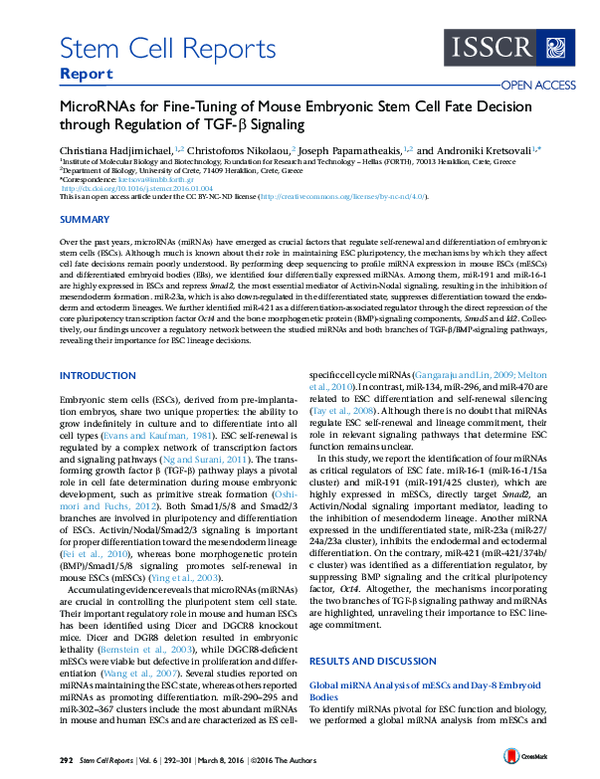 (PDF) MicroRNAs for Fine-Tuning of Mouse Embryonic Stem Cell Fate ...