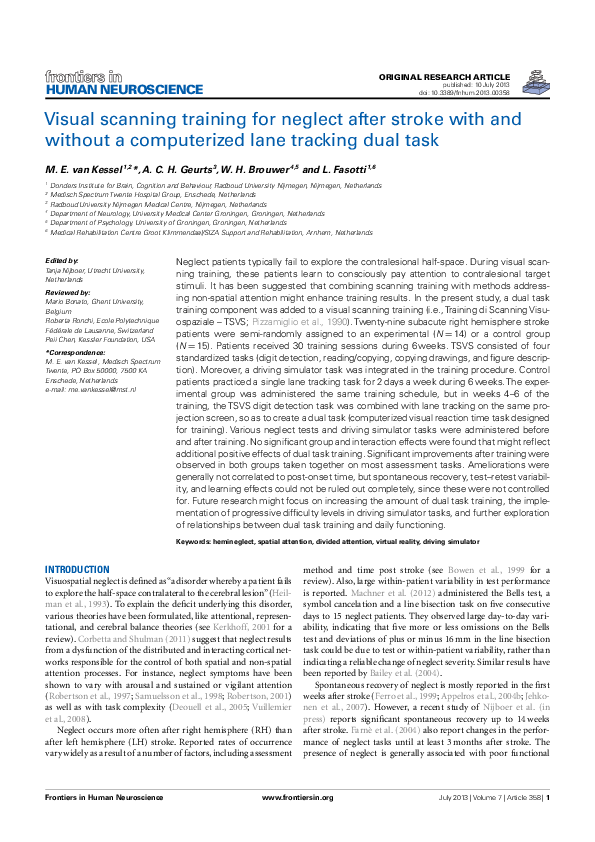 (PDF) Visual Scanning Training for Neglect after Stroke with and ...