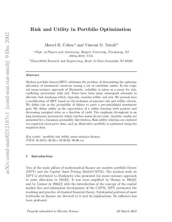 (PDF) Risk and utility in portfolio optimization