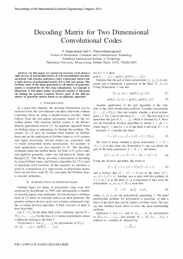 (PDF) Decoding matrix for two dimensional convolutional codes