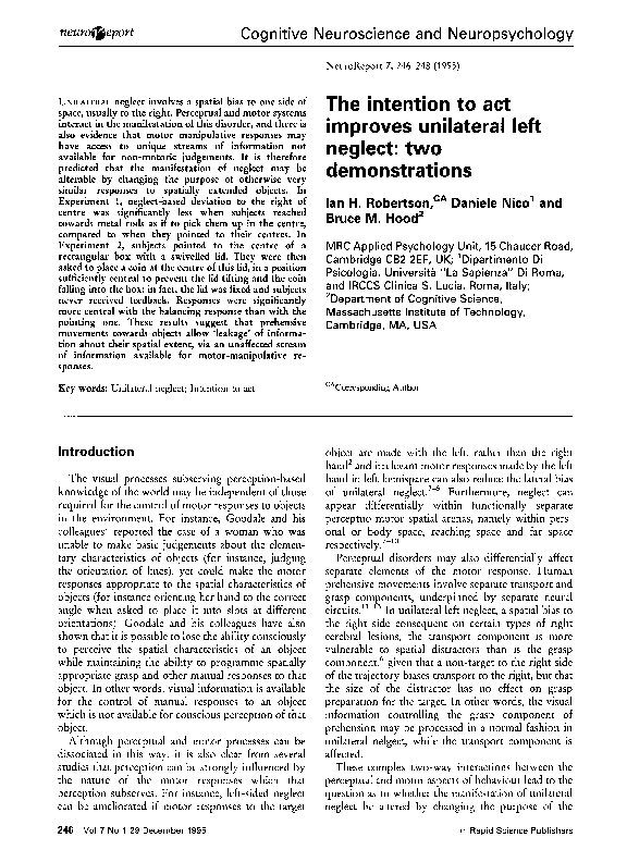 (PDF) The intention to act improves unilateral left neglect