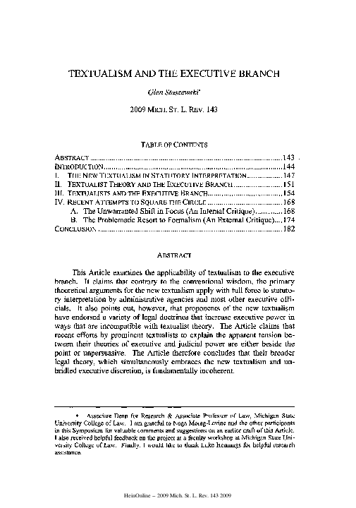 (PDF) Textualism and the Executive Branch