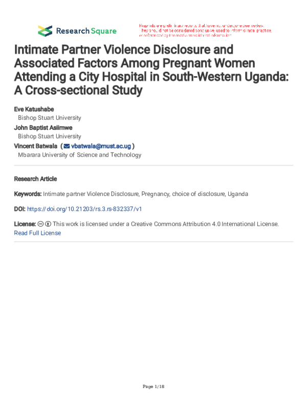 (PDF) Intimate Partner Violence Disclosure and Associated Factors Among ...