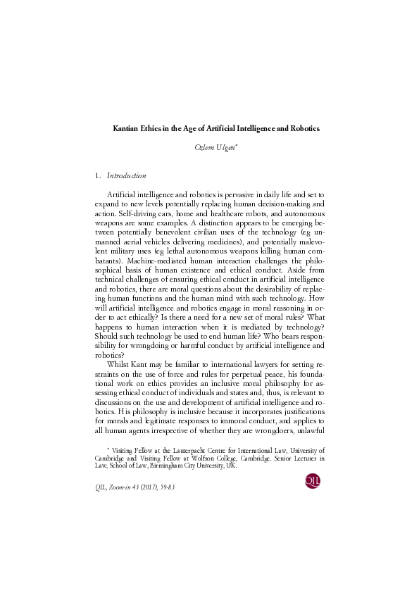 (PDF) Kantian Ethics in the Age of Artificial Intelligence and Robotics