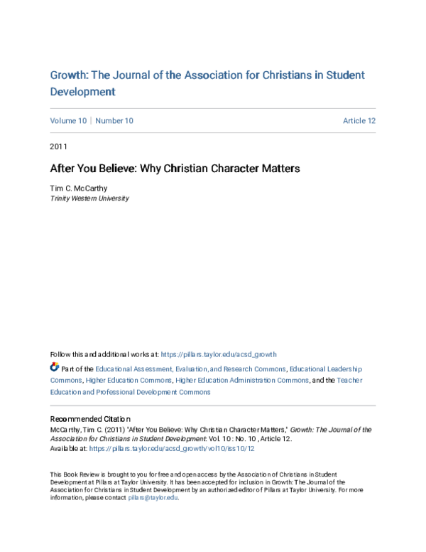 (PDF) After You Believe Why Christian Character Matters