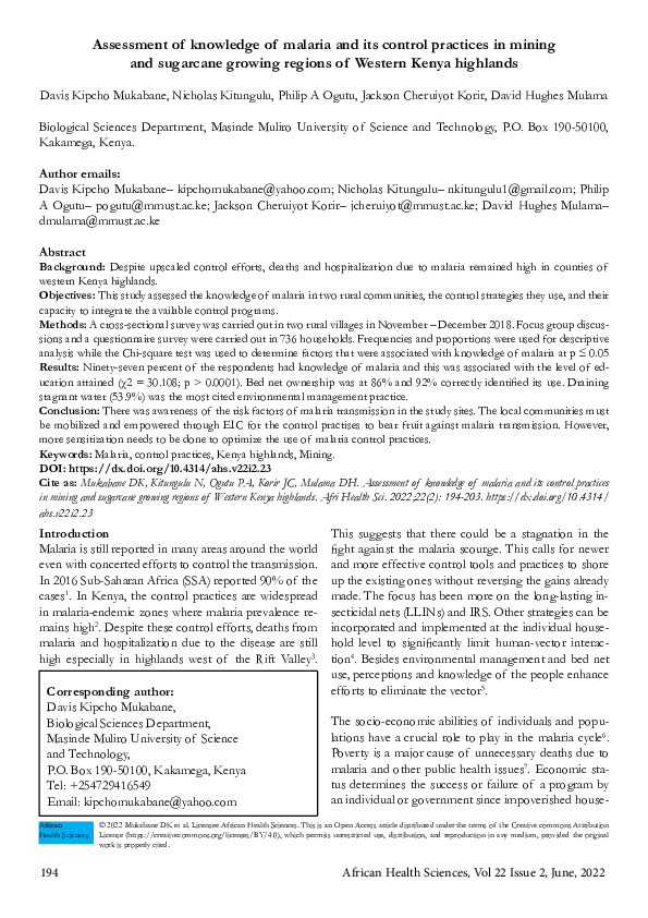(PDF) Assessment of knowledge of malaria and its control practices in ...