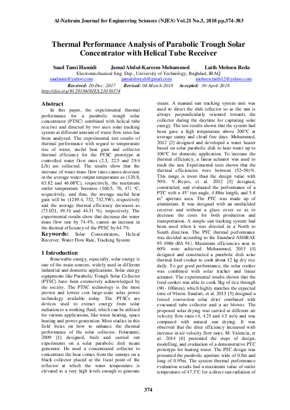(PDF) Thermal Performance Analysis of Parabolic Trough Solar ...