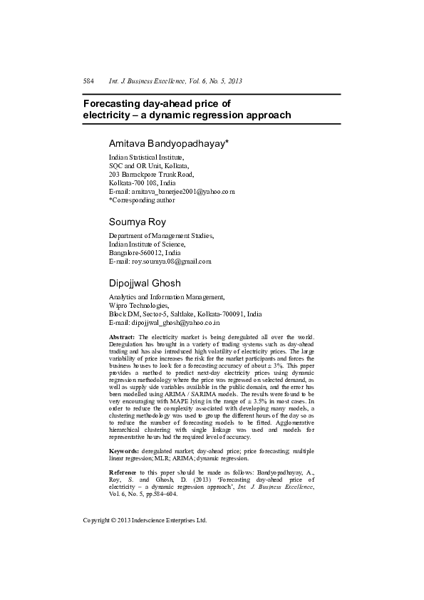 (PDF) Forecasting day-ahead price of electricity - a dynamic regression ...