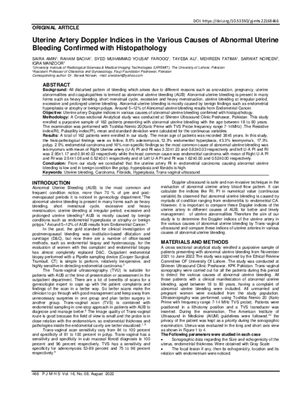 (PDF) Uterine Artery Doppler Indices in the Various Causes of Abnormal ...