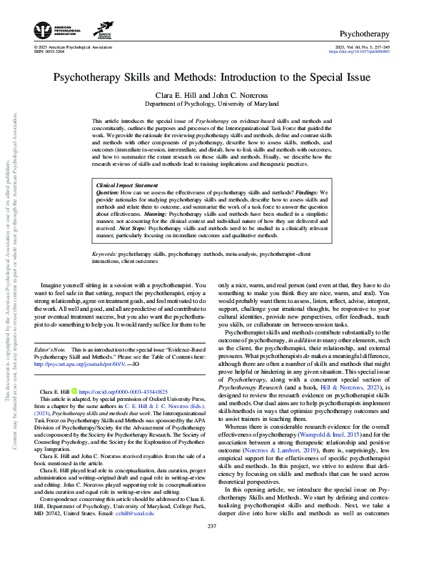 (PDF) Psychotherapy skills and methods: Introduction to the special issue