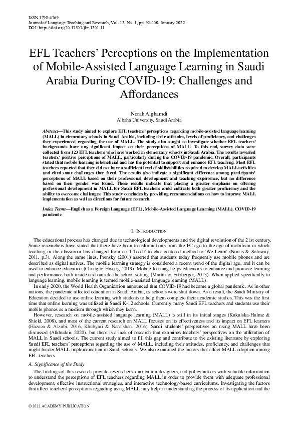 (PDF) EFL Teachers’ Perceptions on the Implementation of Mobile ...