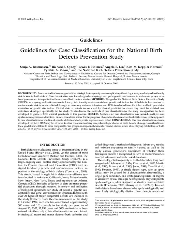 (PDF) Guidelines for case classification for the national birth defects ...