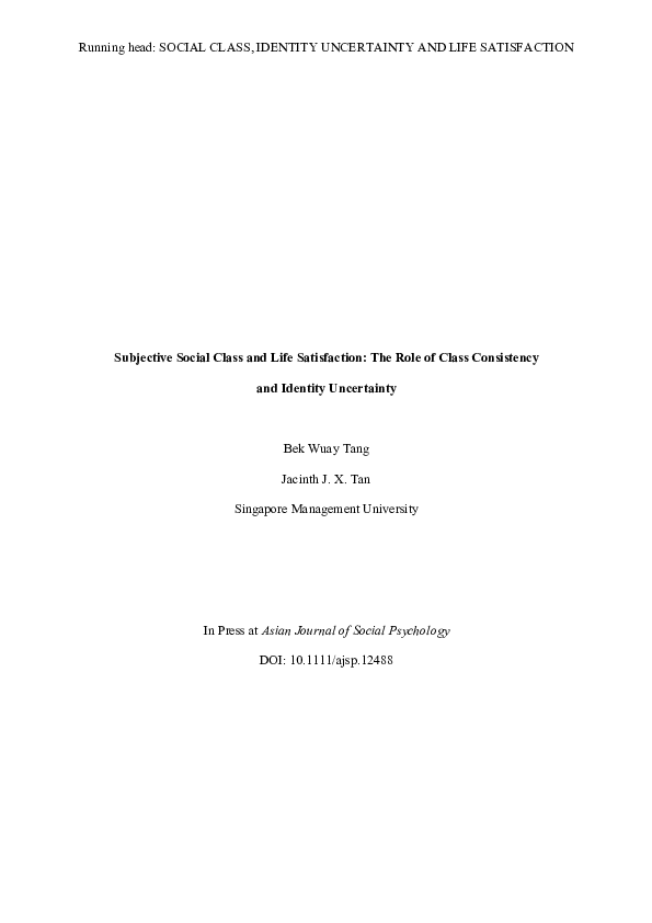 (PDF) Subjective social class and life satisfaction: Role of class ...