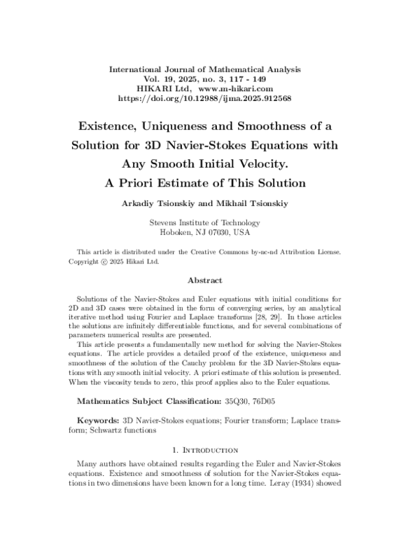 (PDF) Existence, Uniqueness and Smoothness of a Solution for 3D Navier ...
