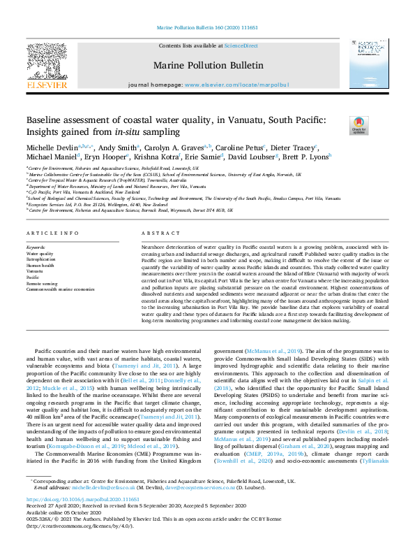 (PDF) Baseline assessment of coastal water quality, in Vanuatu, South ...