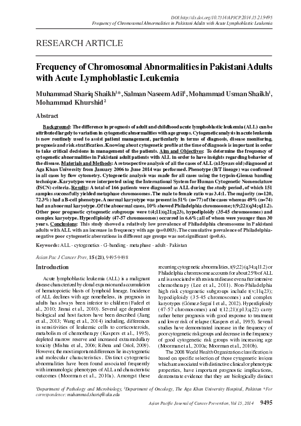 (PDF) Frequency of Chromosomal Abnormalities in Pakistani Adults with ...