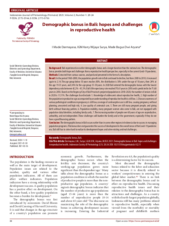 (PDF) Demographic bonus in Bali: hopes and challenges in reproductive ...