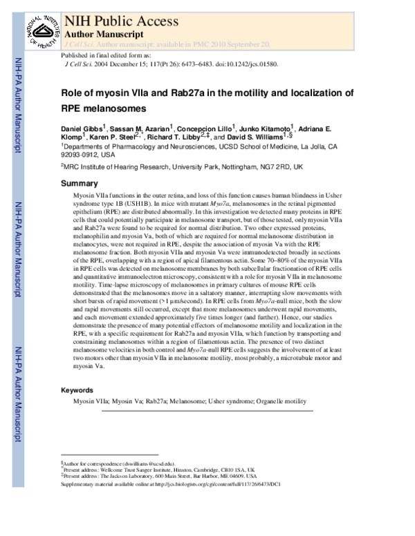 (PDF) Role of myosin VIIa and Rab27a in the motility and localization ...