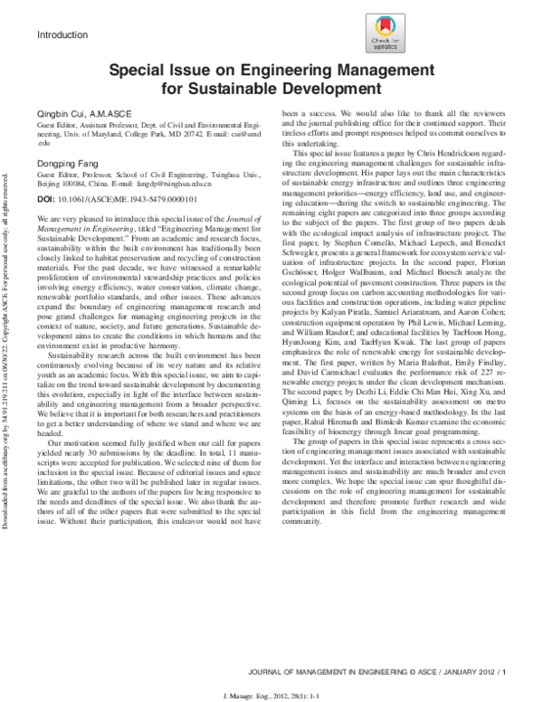 (PDF) Special Issue on Engineering Management for Sustainable Development