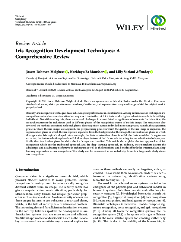 (PDF) Iris Recognition Development Techniques: A Comprehensive Review