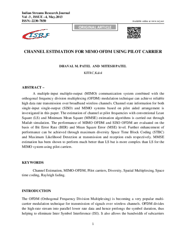 (PDF) Channel Estimation for Mimo Ofdm Using Pilot Carrier
