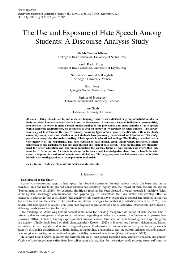 (PDF) The Use and Exposure of Hate Speech Among Students: A Discourse ...