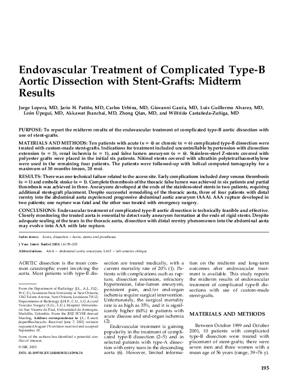 (PDF) Endovascular Treatment of Complicated Type-B Aortic Dissection ...