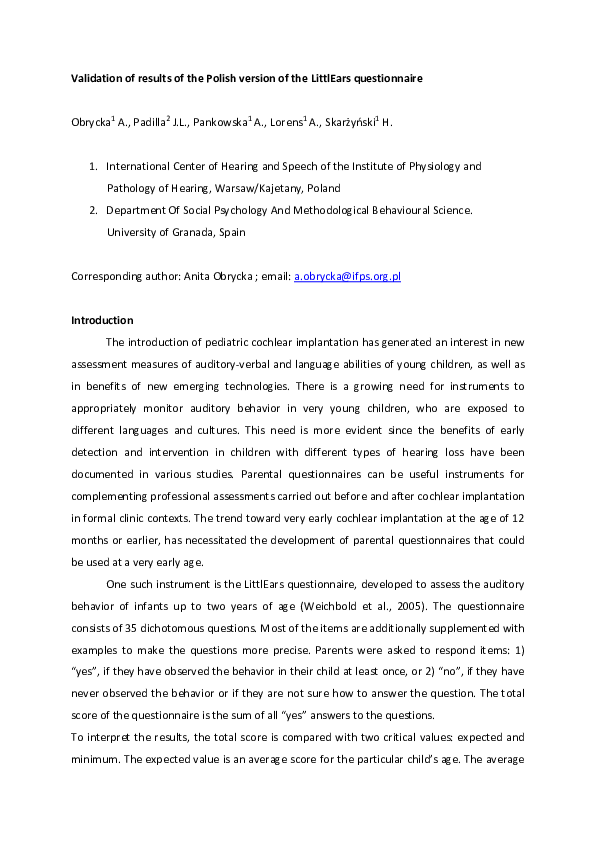 (PDF) Validation of Results of the Polish Version of the LittlEARS ...