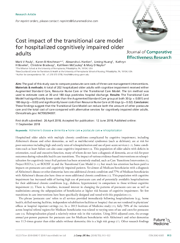 (PDF) Cost impact of the transitional care model for hospitalized ...