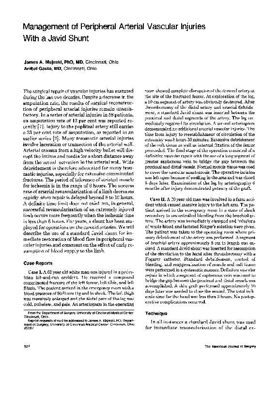 (PDF) Management of peripheral arterial vascular injuries with a Javid ...