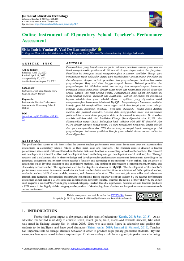 (PDF) Online Instrument of Elementary School Teacher’s Perfomance ...
