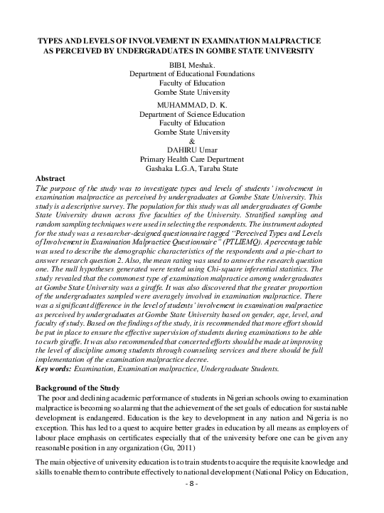 (PDF) Types and levels of involvement in examination malpractice as ...