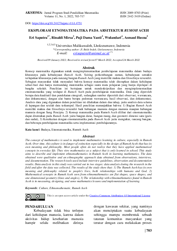 Pdf Eksplorasi Etnomatematika Pada Arsitektur Rumoh Aceh