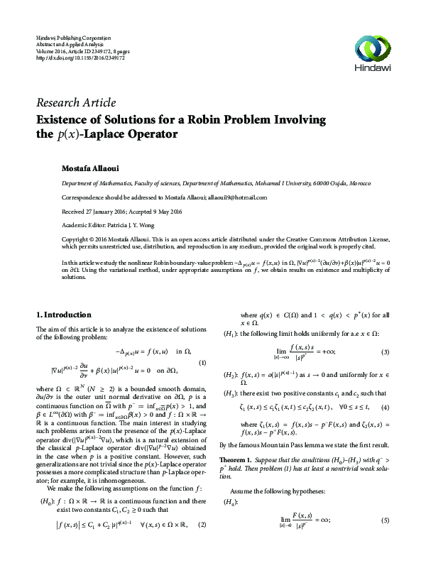 (PDF) Existence of Solutions for a Robin Problem Involving thep(x ...