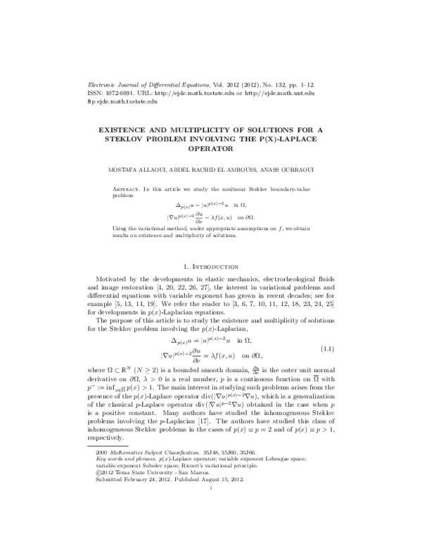 (PDF) Existence and multiplicity of solutions for a Steklov problem ...